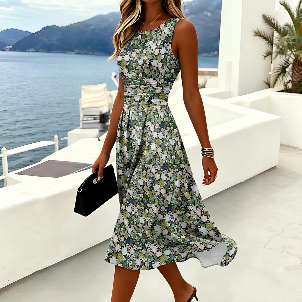 Sleeveless Casual Dress for Women Round Neck Midi Length Relaxed Fit Lightweight Fabric Leaf Pattern Summer Dress