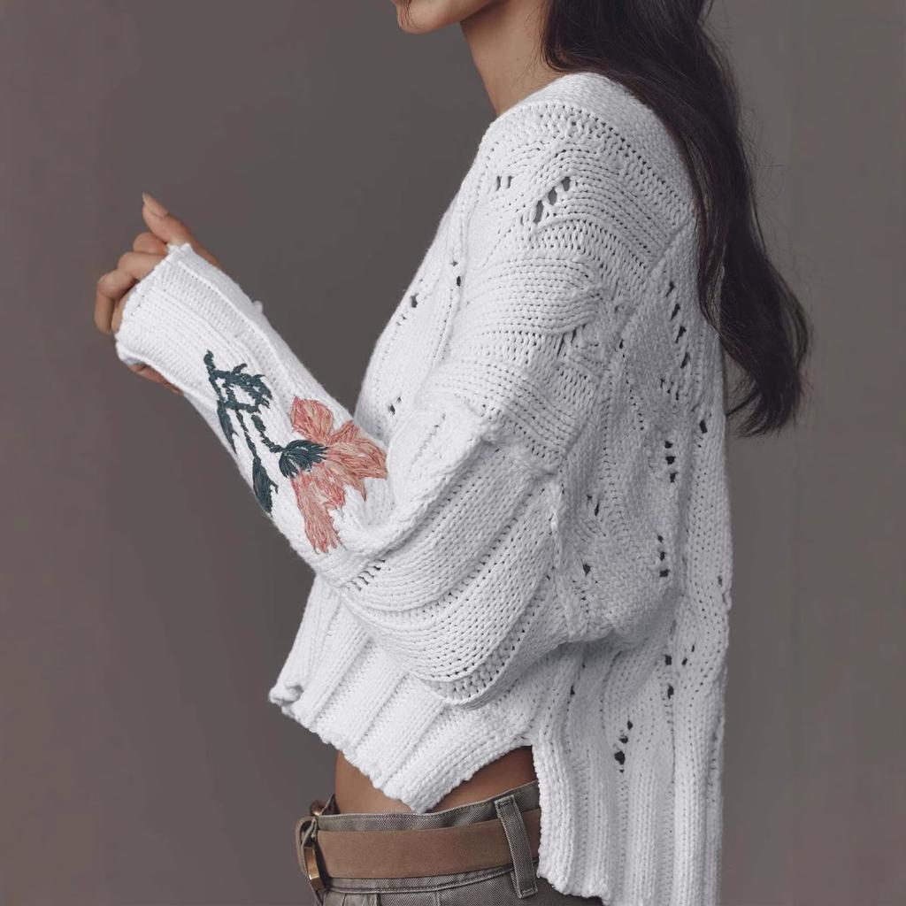 Pulover Nou Gât în V Flori Brodate Stil Leneș Pulover Scurt cu Mâneci Lungi Top