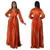 Autumn Winter New Women's V-Neck Lantern Sleeve Tie-Waist Pleated Dress Long Satin Gown Pleated Dress Long Skirt
