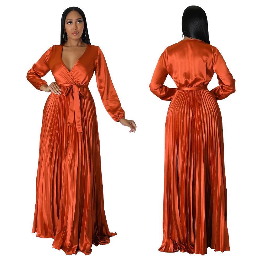 Autumn Winter New Women's V-Neck Lantern Sleeve Tie-Waist Pleated Dress Long Satin Gown Pleated Dress Long Skirt