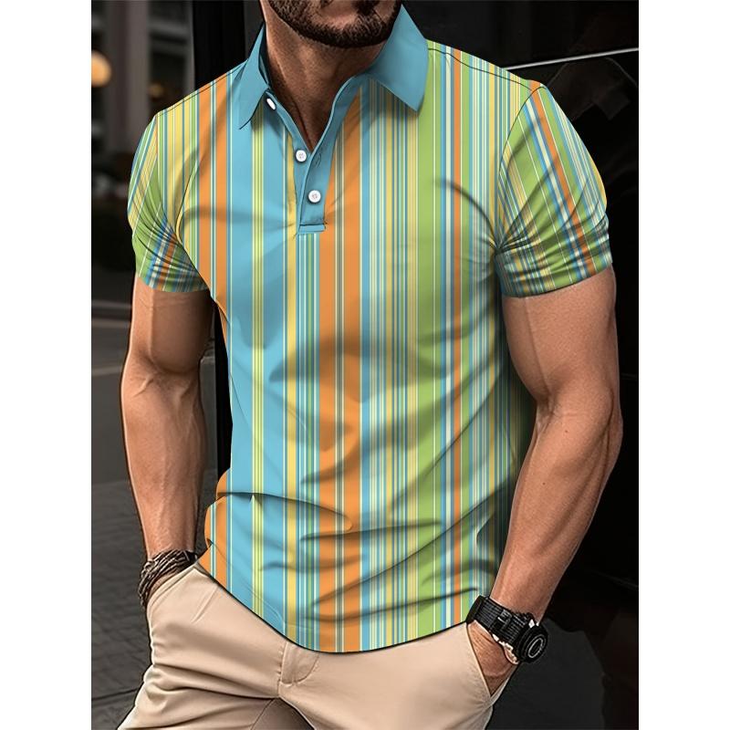 3D Print Stripes Color Block Polo Shirt For Men Colorful Pattern T-Shirts