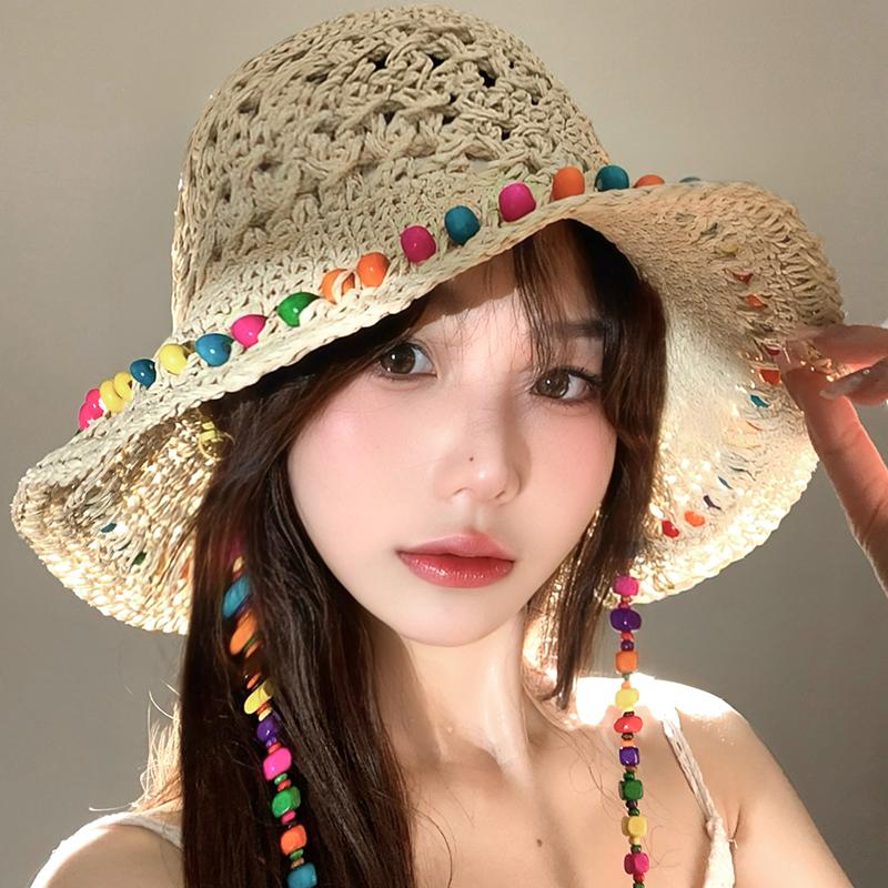 Hyunya wind colored bead straw hat women's summer hollow foldable sunshade sunscreen hat big brim beach bucket hat