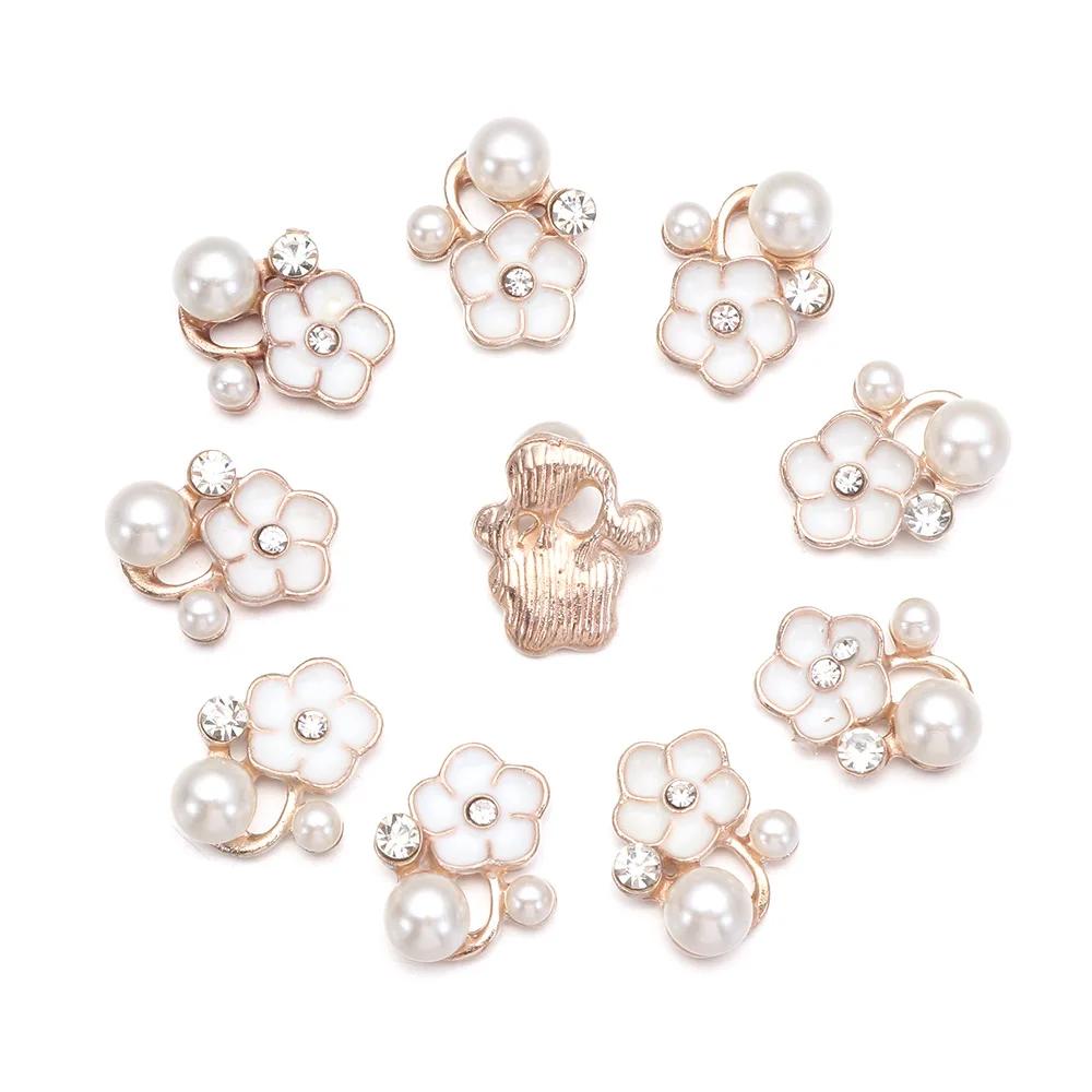 10PCS Flower-shaped Pearl Rhinestone Buttons Sparkling Crystal Hairpins Decoration Buttons Clothes Apparel Sewing Accessories