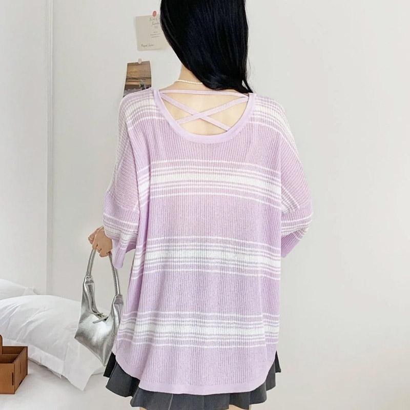 T-shirt for Women Summer Large Size Stripe Cutout T-shirt Soft Loose Casual Comfortable Pullover T-shirt Top
