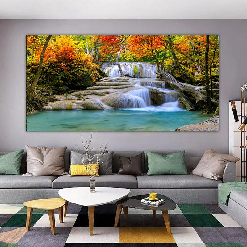 Canvas Wall Art Green Tree Canvas Painting Landscape Waterfall Wall Poster Print Picture Living Room Home Decor No Frame