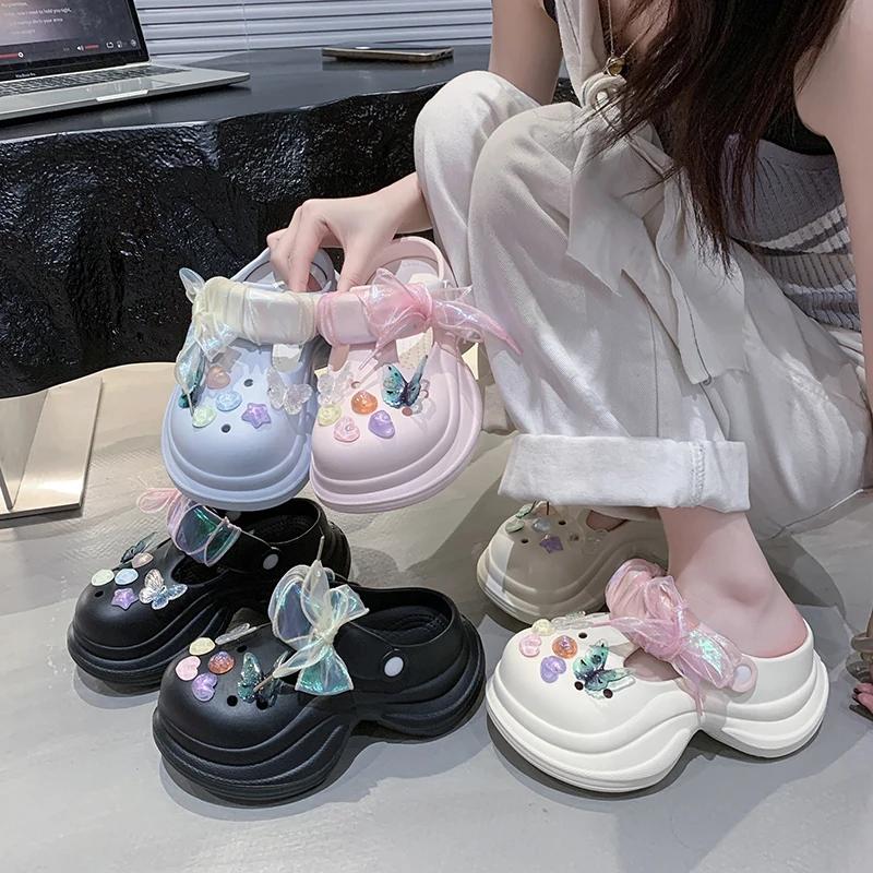 Fashion Lace Bow Chunky Platform Sandals for Women 2025 Summer Thick Bottom Eva Garden Slippers Woman Fashion Color Beads Beach Sandals