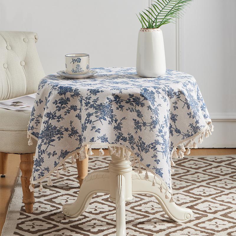 Cotton And Linen Small Fresh Navy Blue Small Flower Round Tablecloth Household Living Room Homestay Decoration Fringed Tablecloth