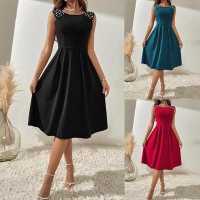 Round Neck Lace Solid Color Dress Waist Hugging Elegant Pearl Dress for Women Sleeveless Loose Dresses Causal Dress