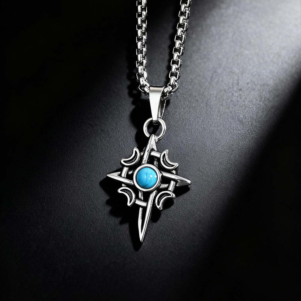 Turquoise Natural Stone Geometric Pendant Necklace for Men Male, Stainless Steel Moon Star Charm Waterproof Fashion Jewelry Gift