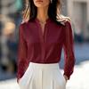 European and American Popular Perspective Long-sleeved Splicing Notch V-neck Solid Color Temperament Elegant Commuter Top Shirt