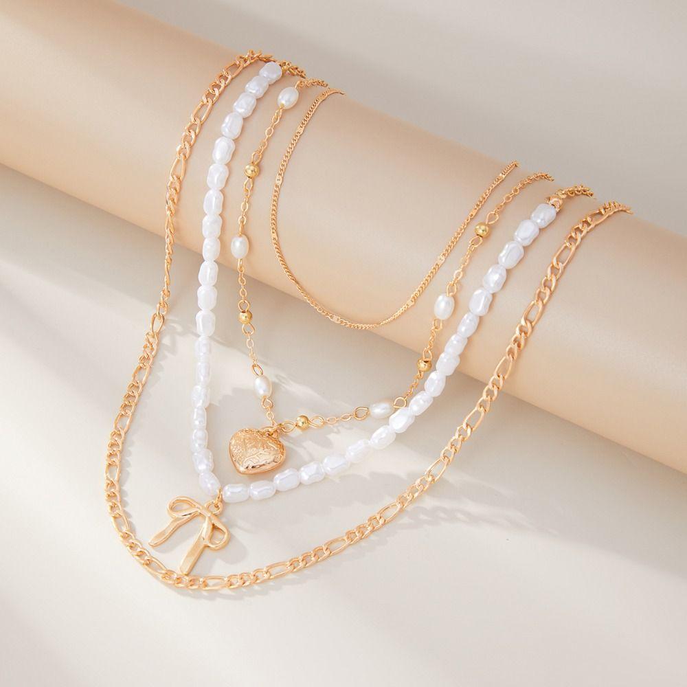 Love Bowknot Multilayer Pendant Necklace Punk Y2K Metal Necklace Unique Beaded Necklace  Women