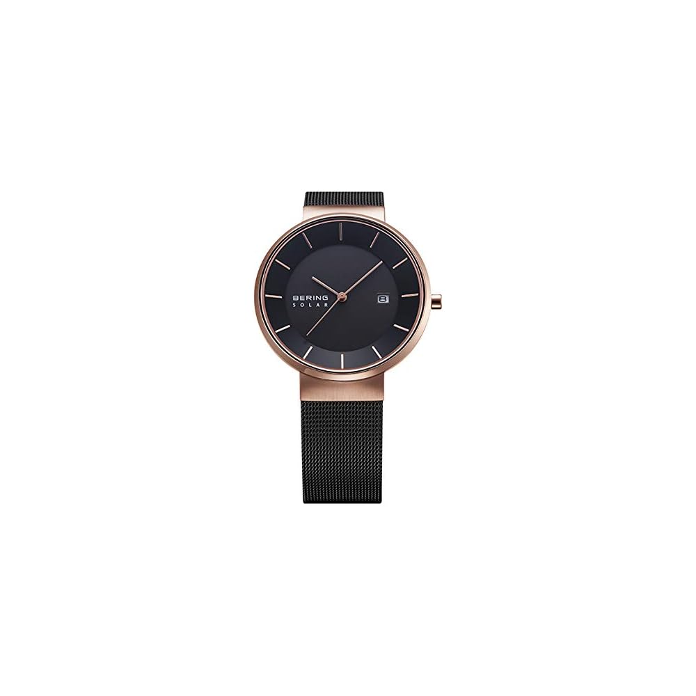 BERING Solar Watch for Men and Women (Unisex) Black and Rose Gold Stainless Steel with Mesh Strap and Sapphire Crystal (Product Number: 14639-166) Off