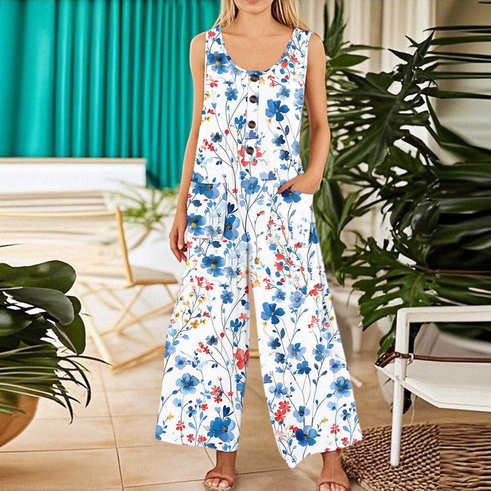 

Женский модный повседневный комбинезон без рукавов с пуговицами и цветочным принтом, хлопковый комбинезон с карманами XL белый