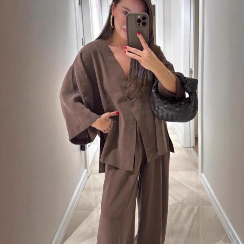 Dámský módní ležérní oblek Výstřih do V Jedno knoflíkové Volné Dlouhý rukáv Top, Kalhoty s vysokým pasem Dvoudílný set