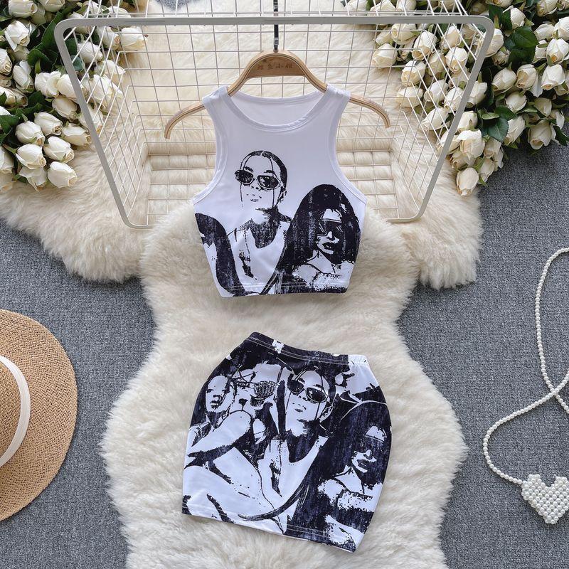 

American Retro Sexy Style Crop Top Hip Skirt Vest White L