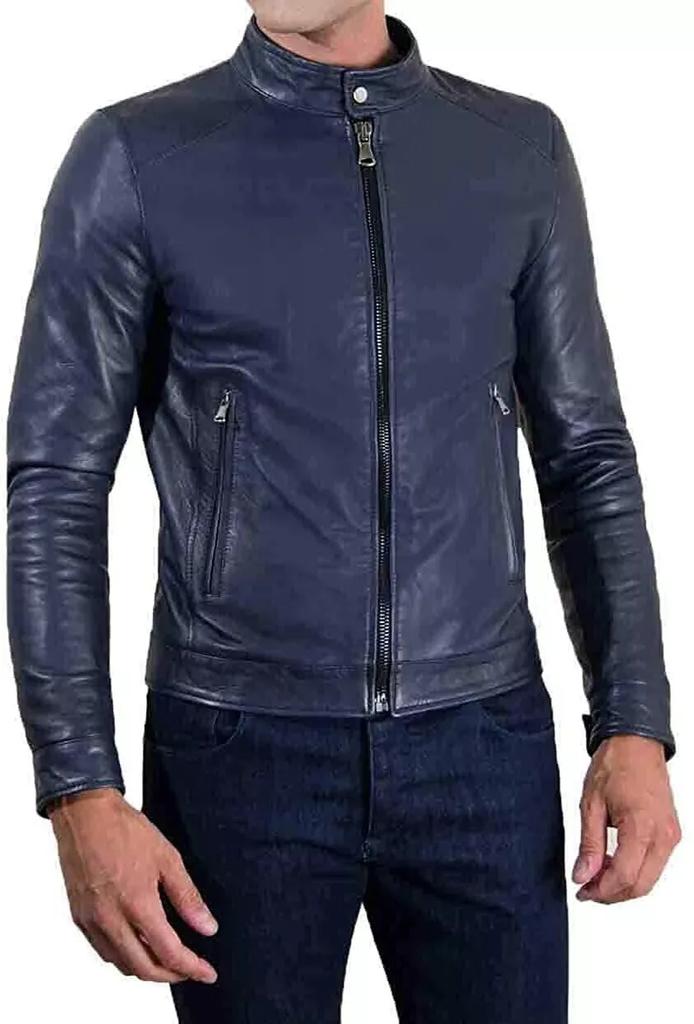 Stylish Men's Pure Soft Leather Jacket Blue Handmade Fashionable Biker Casual