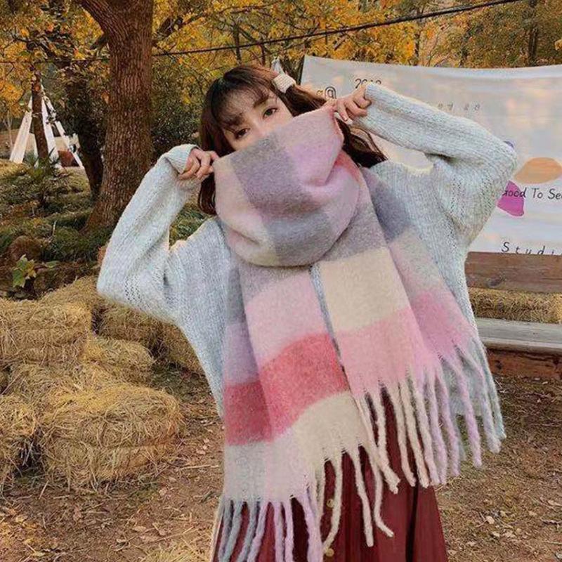 Rainbow Scarf Women's Winter Shawl Couple Colored Plaid Warm Thickened Ins Trendy Cute Girl Student Versatile