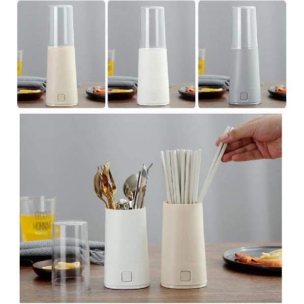 Beige Plastic Chopstick Holder with Lid, Detachable Drain Rack for Kitchen Utensils Organization, Spoon and Fork Storage Organizer, 3.34 X 3.34 X