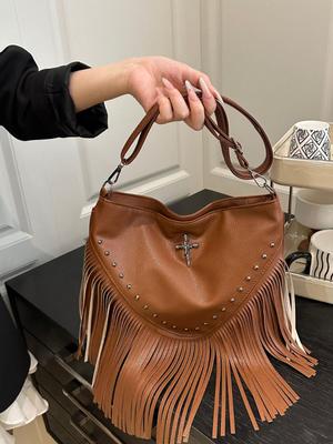 2025 Women's Rivet Soft Leather Tassel Crossbody Bag