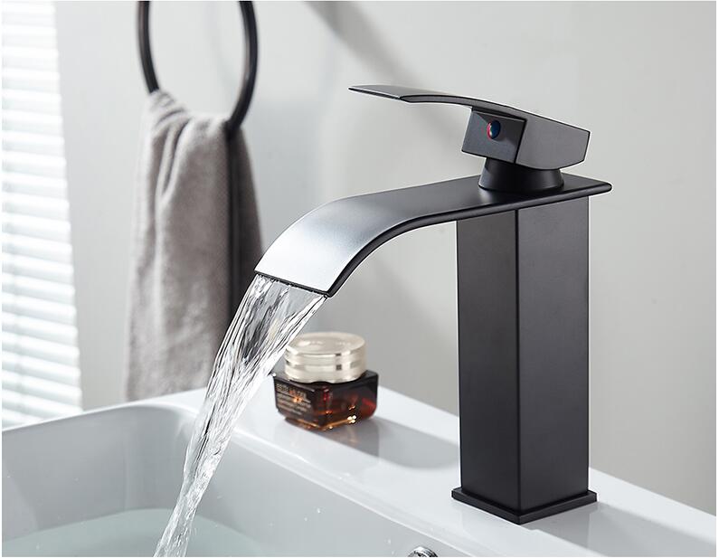 Bathroom Black Lavatory Waterfall Faucet hot and cold Crane Brass Sink Mixer  Waterfall Sink Faucet Single Handle Decked