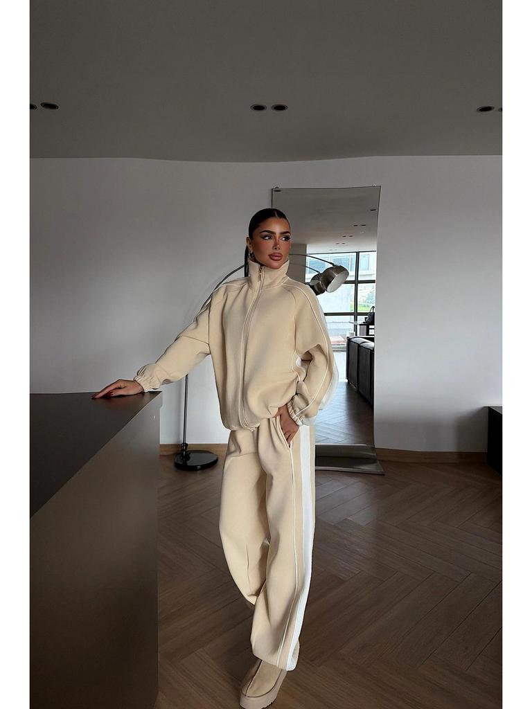 2026 Women's Spring/Autumn Striped Colorblock Zipper Cardigan & Long Pants Two-Piece Set