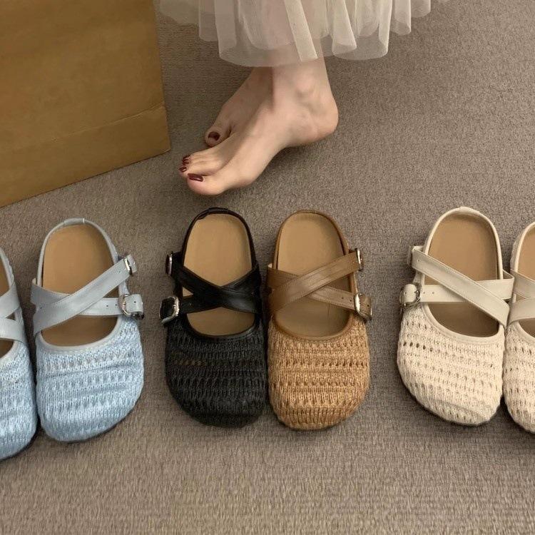 Cross-woven hollow breathable bag head half-drag women's outer wear 2025 spring and summer new thick soft bottom cool slippers