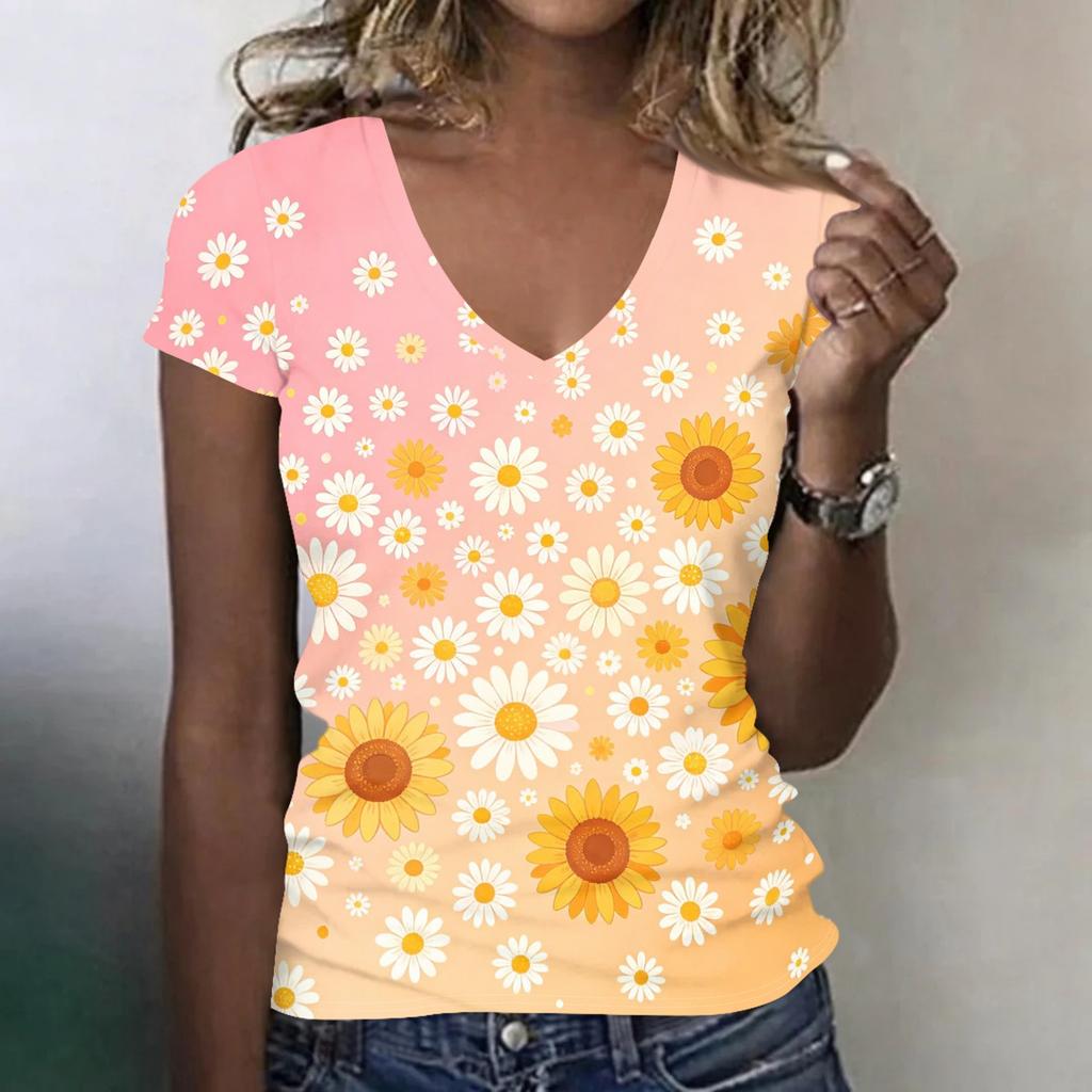 Women's Casual V Neck Short Sleeve Floral Print T Shirt Top Lightweight Breathable Summer Tee Shirt for Daily Wear