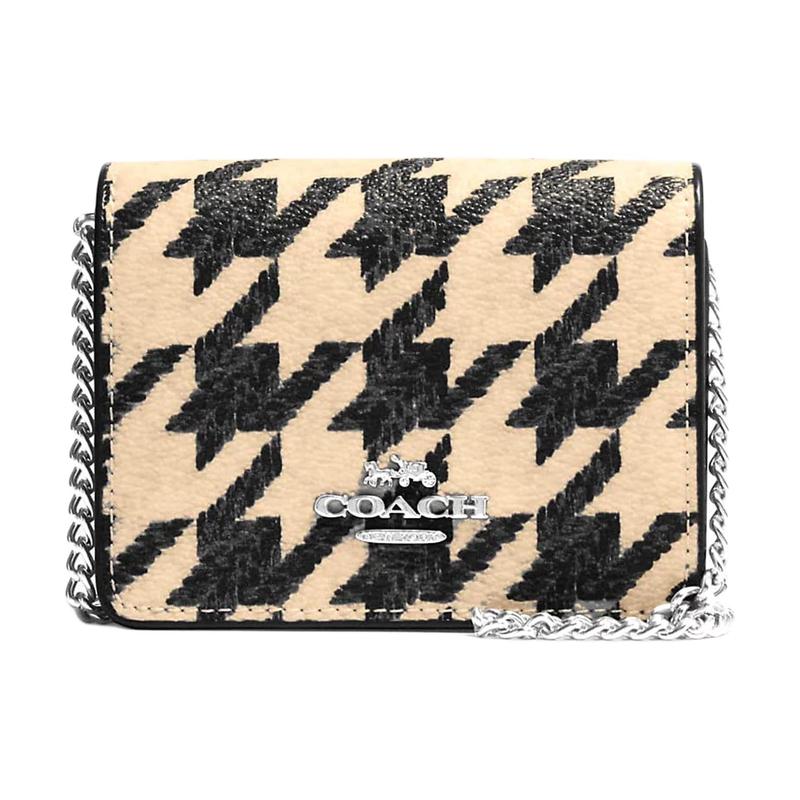 COACH 10 Logo logo plaid printed flip canvas with leather square bag wallet mini women s milk tea color with black чёрный