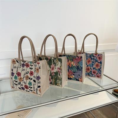 Sac à main en lin imprimé de fleurs pour femmes, grande capacité, mode, sacs à bandoulière, fourre-tout