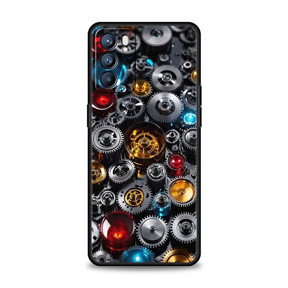 Mechanical Gear Pattern Phone Case For Oppo A17 A31 A54 A57 A78 A79 A98 Find X5 X6 Reno 6 7 8 10 11 12 13 F Pro Soft TPU Cover