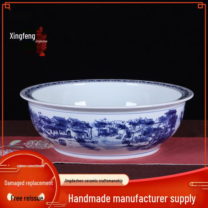Blue & White Porcelain Ceramic Bowl: Classic Large Soup & Noodle Basin, Ideal for Boiled Fish and More.