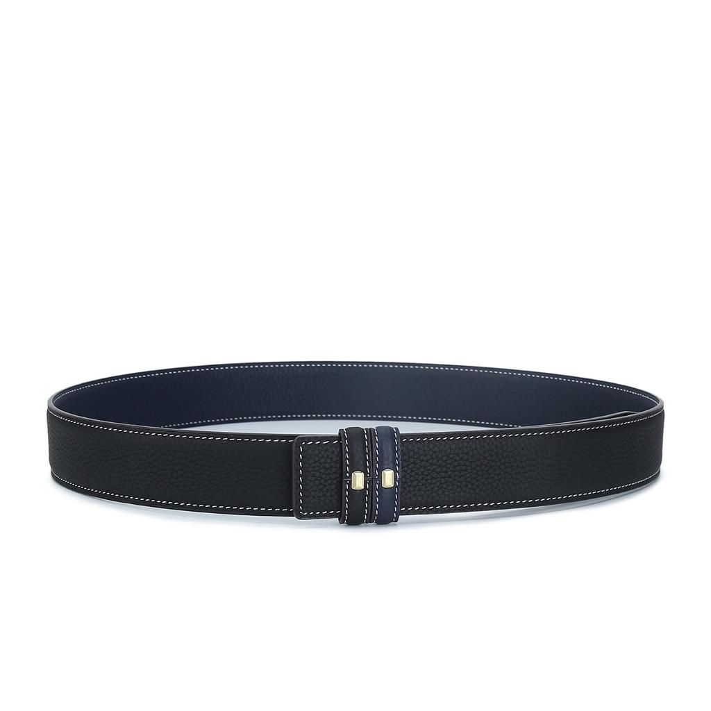 3.4" Wide Double-Sided Lychee Grain Cowhide Belt with White Lines and Perforations, All-Match Style, Top Layer Cowhide