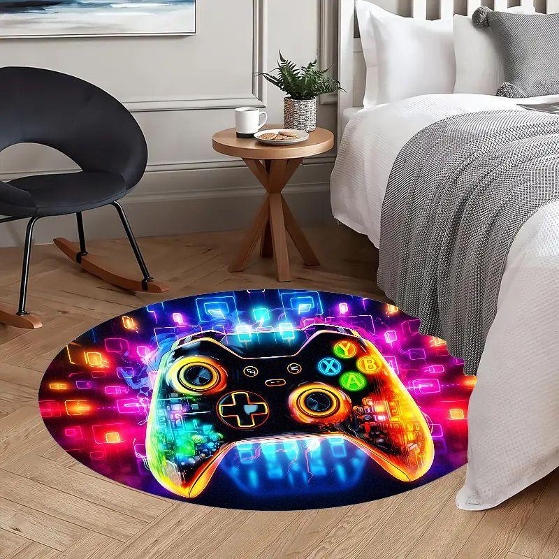 Neon Game Controller Round Rug Gamer Room Decor LED Glow Effect Floor Mat Living Room Gaming Zone Cool Tech Design