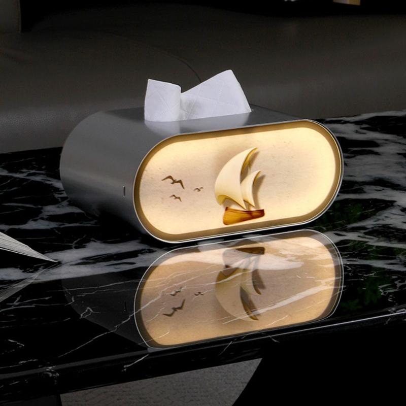 Modern Artistic LED Tissue Box Holder Large Opening Napkin Storage Box with Night Light for Smooth Pulling Enduring