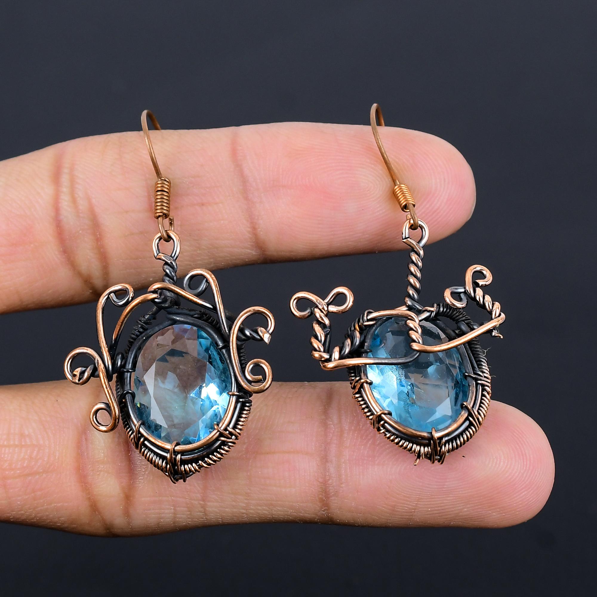 

Серьги с голубым топазом, Ювелирные изделия из драгоценных камней, обернутые медной проволокой 999 пробы, Серьги ручной работы, На День благодарения 2.55 Inches