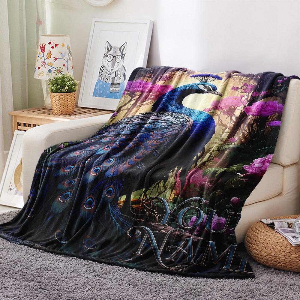 1PC Custom Name Peacock Forest Patterned Flannel Blanket Suitable For All Seasons for Home Decor Warmth and Comfort Gifts Holiday Present_lx