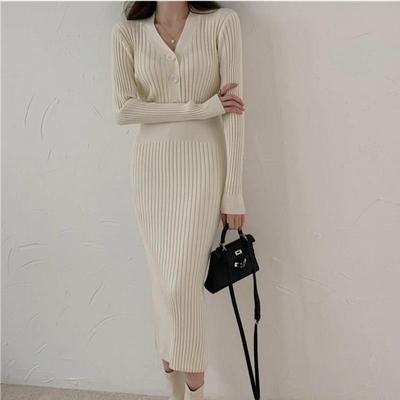 Herbst Koreanische Elegante Gestrickte Kleid Frauen V-ausschnitt Taste Slim Fit Pullover Kleid Frau Langarm Kleider Solide Strickwaren 30353