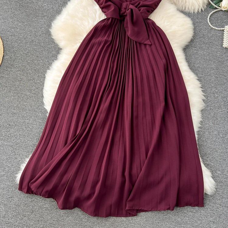 Sommer Neues Französisches Chic Maxikleid Damen V-Ausschnitt Ärmellos Schnürung A-Linie Falten Damenkleider Damen