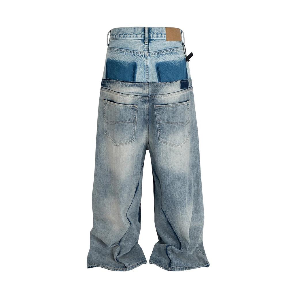 RogueWave CUT-UP Dobbeltlags Jeans med dobbel midje og patchwork-design for menn og kvinner. Rette, avslappede, løse denimbukser i oversized størrelse.