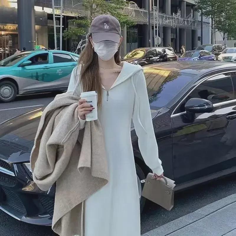 Trendy francouzské bílé šaty s kapucí pro ženy - nový jarní/podzimní dlouhý styl