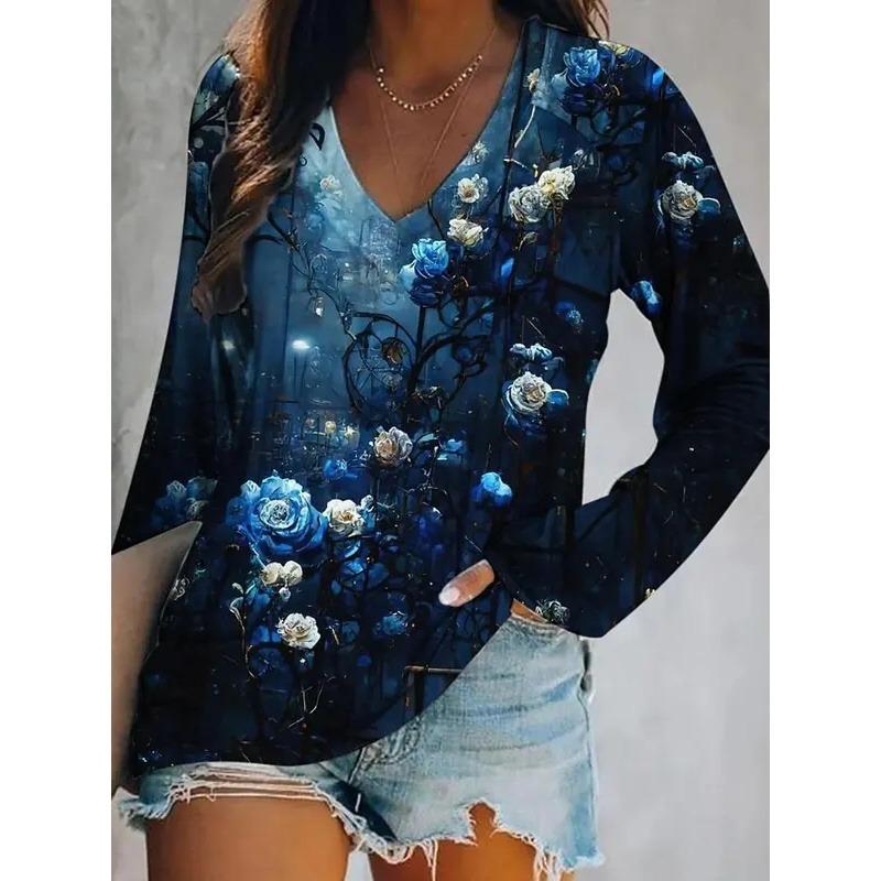 2025 Women's T-Shirts Floral Graphic Plants Elegant Fashion Tees Long Sleeve T-shirts V-Neck Regular Tops Casual Pullover Fall