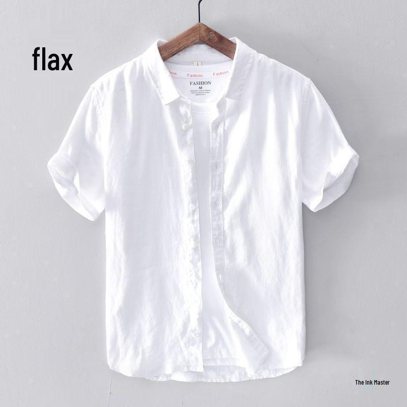 Men's Short Sleeve Loose Fit White Linen Shirt - Casual Summer Cotton Jacket