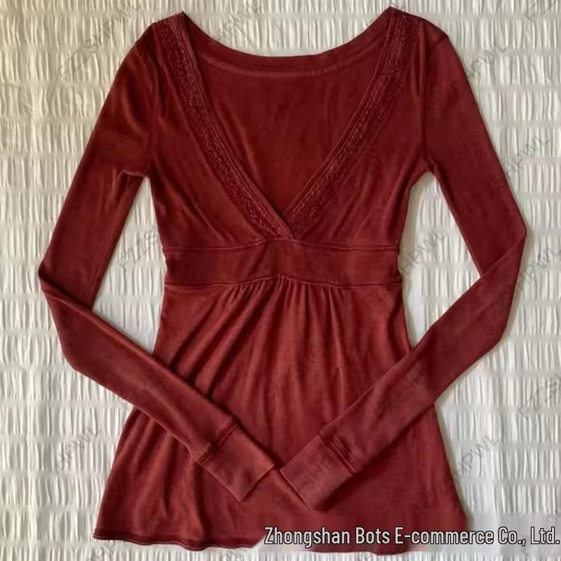 Y2K Fransk V-ringad Smal Retro Långärmad Topp