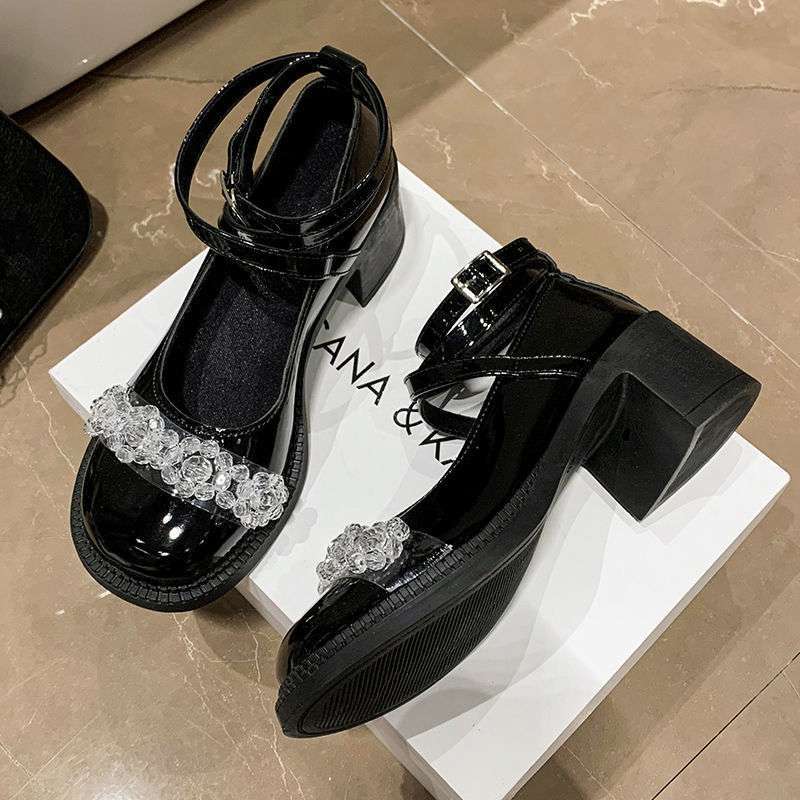 Fairy style Mary Jane shoes girl 2025 new thick heel rhinestone Korean version small leather shoes French strap high heels