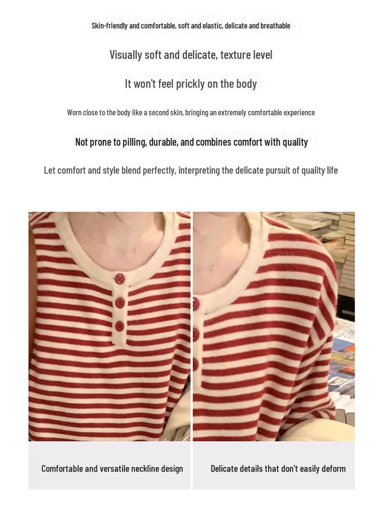 Women's Korean-Style Striped Knit Sweater - Round Neck, Loose Fit, Fall 2025 College Fashion