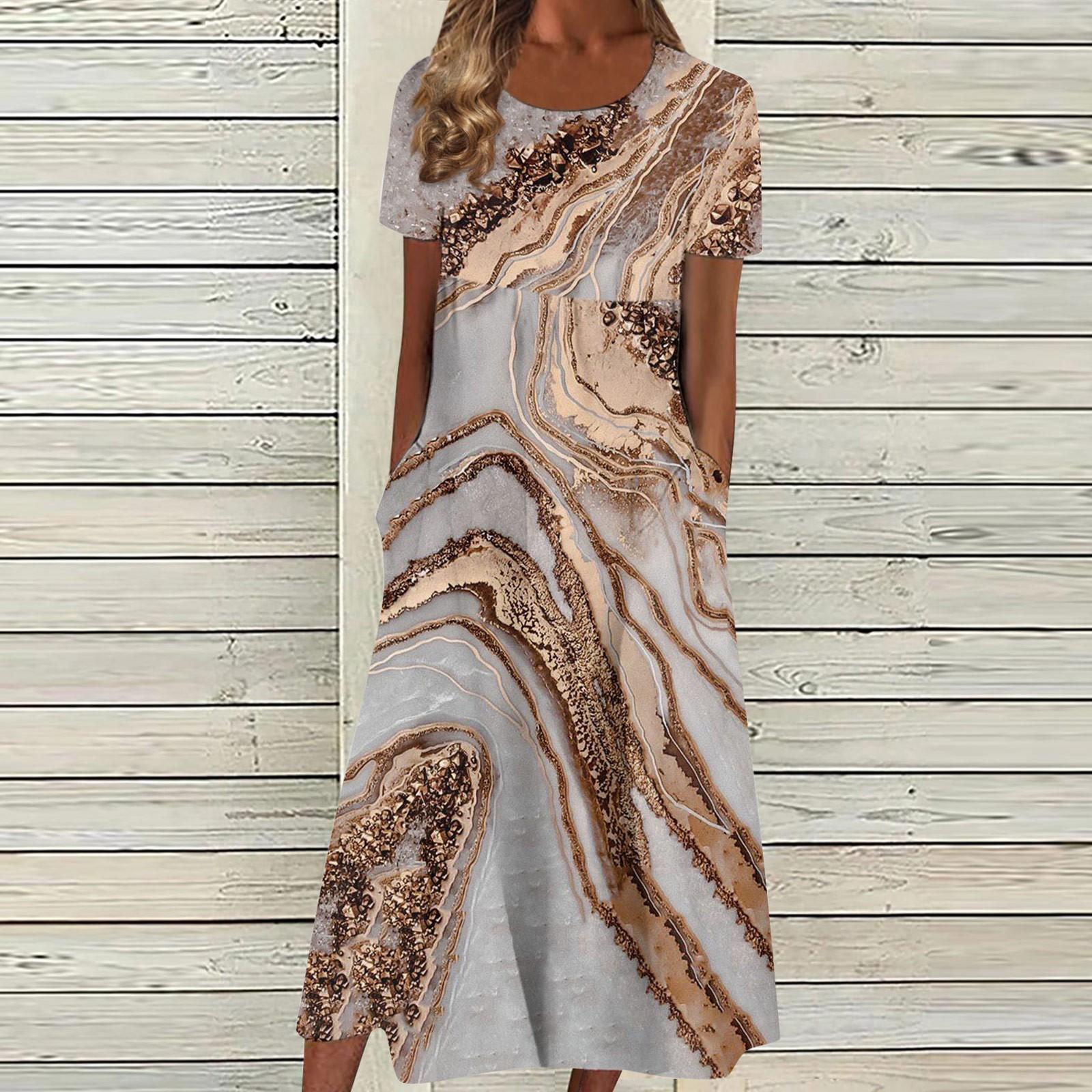 Женское летнее повседневное модное платье с коротким рукавом и карманом с круглым вырезом — фото 9