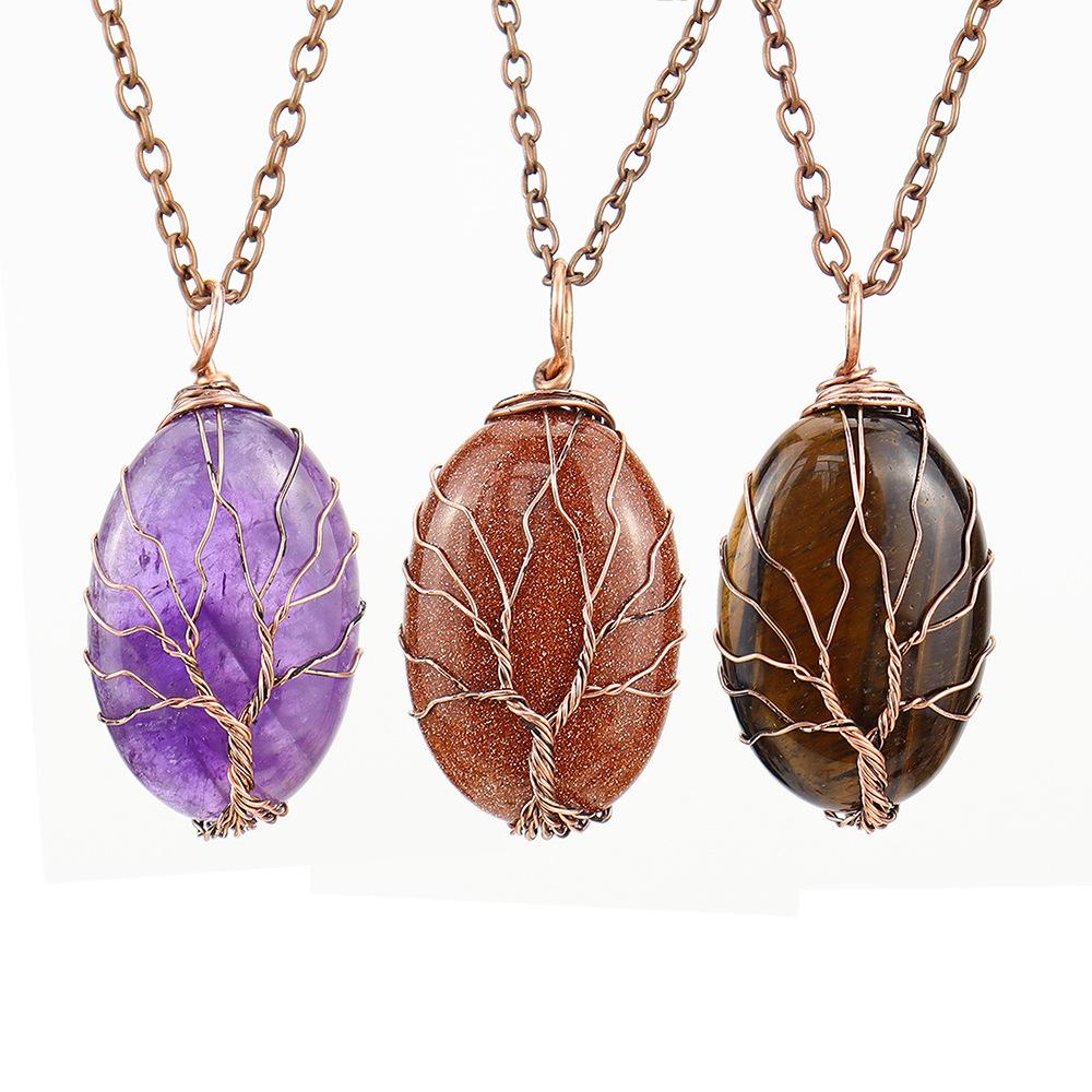 Natural Crystal Rough Stone Hand-Wound Egg-Shaped Tree Of Life Pendant Necklace N645
