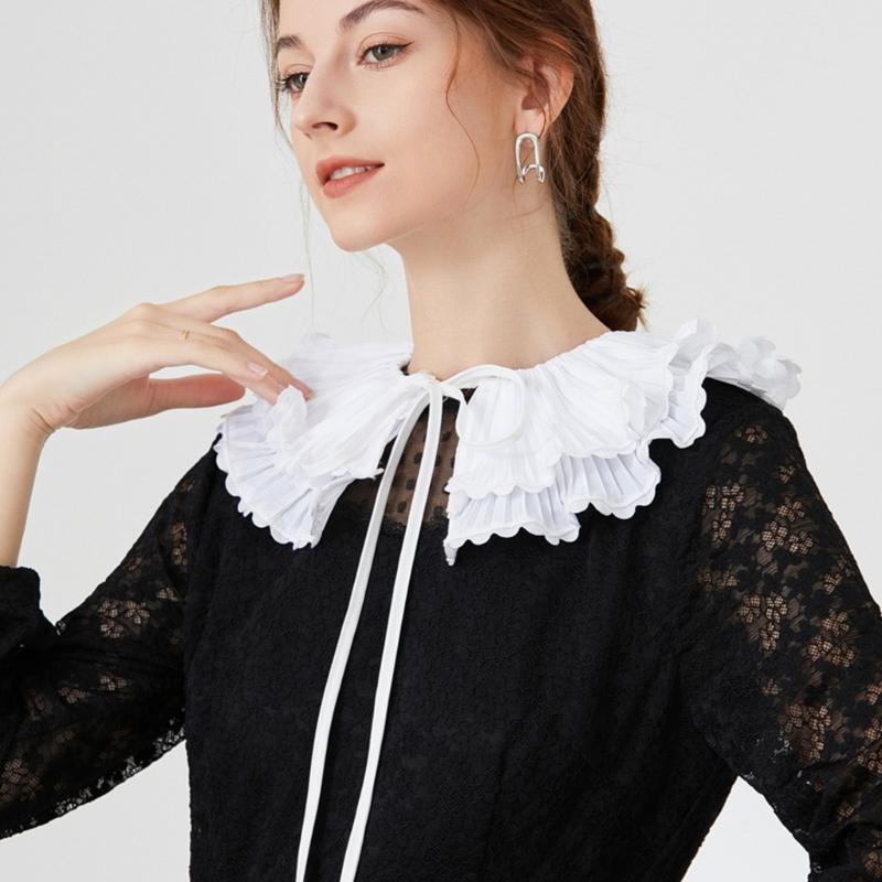Korean Style Women Double Layer Pleated False Collar Shawl Scalloped Lace Trim White Half Shirt Lace-Up Poncho Capelet