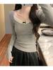 Women's Slim-Fit Ballet Style Grey Square Neck Lace Splicing Long Sleeve Base Layer Top for Autumn and Winter