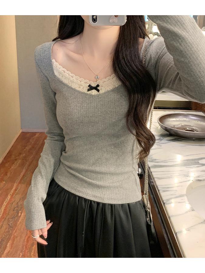 Women's Slim-Fit Ballet Style Grey Square Neck Lace Splicing Long Sleeve Base Layer Top for Autumn and Winter